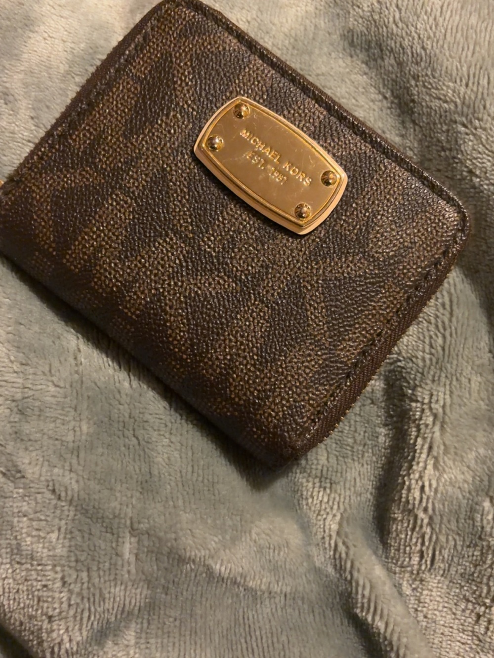 Michael Kors Dark Brown Monogram Zip Wallet with Gold Plaque